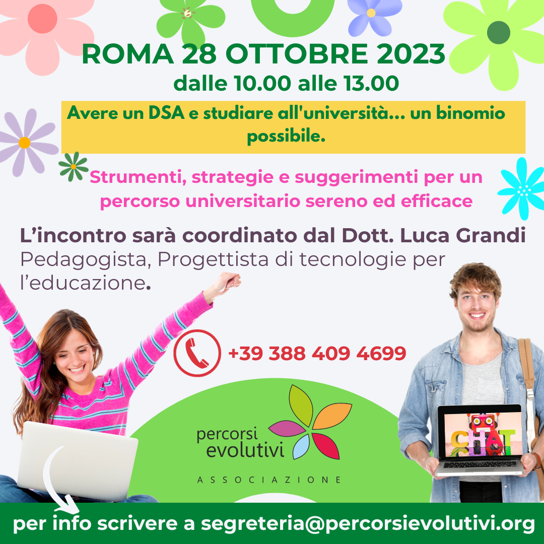 locandina sull'incontro con Luca Grandi e la possibilità di frequentare l'università e avere un DSA